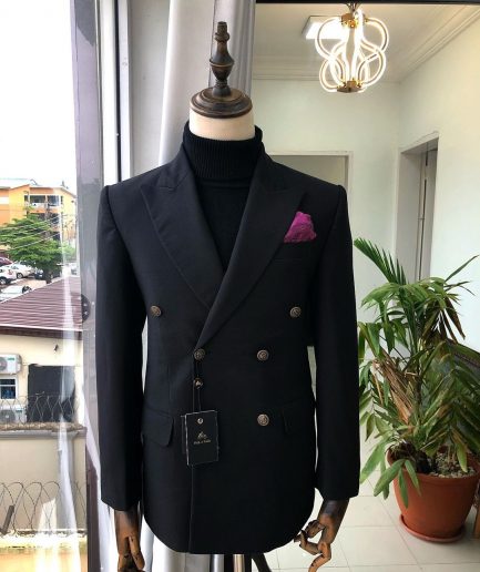 A Charcoal Black Peak Lapel double breasted Suit