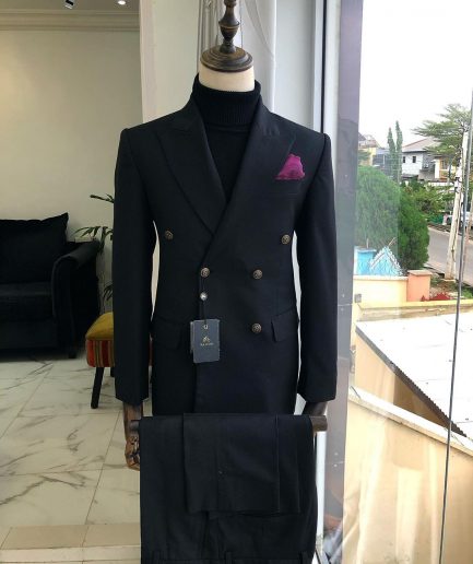 A Charcoal Black Peak Lapel double breasted Suit