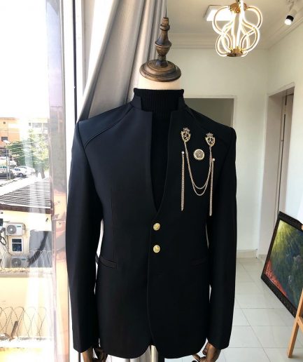 A Charcoal Black reloaded “7th Battalion” Suit with gold adornment
