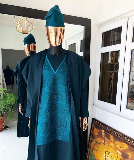 An Army Green, monochrome square studded Swarovski stone embroidery agbada