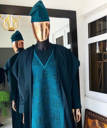 An Army Green, monochrome square studded Swarovski stone embroidery agbada