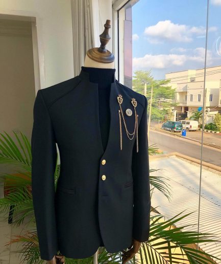 A Charcoal Black reloaded “7th Battalion” Suit with gold adornment
