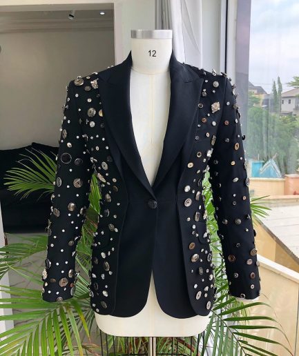The Charcoal Black “675 - No Longer At Ease” Pearls, bronze, silver Buttons and Studs Suit