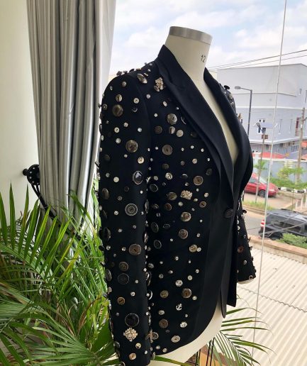 The Charcoal Black “675 - No Longer At Ease” Pearls, bronze, silver Buttons and Studs Suit