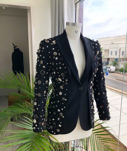The Charcoal Black “675 - No Longer At Ease” Pearls, bronze, silver Buttons and Studs Suit
