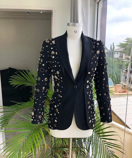 The Charcoal Black “675 - No Longer At Ease” Pearls, bronze, silver Buttons and Studs Suit