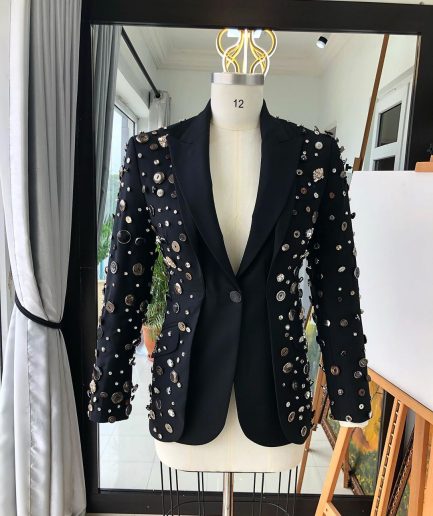 The Charcoal Black “675 - No Longer At Ease” Pearls, bronze, silver Buttons and Studs Suit
