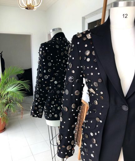 The Charcoal Black “675 - No Longer At Ease” Pearls, bronze, silver Buttons and Studs Suit
