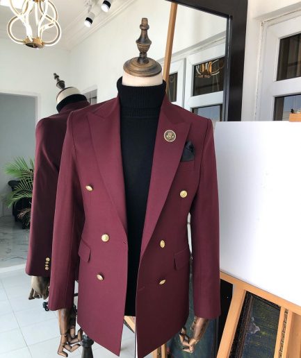 A Burgundy Double Breasted peak lapel with Gold Button suit
