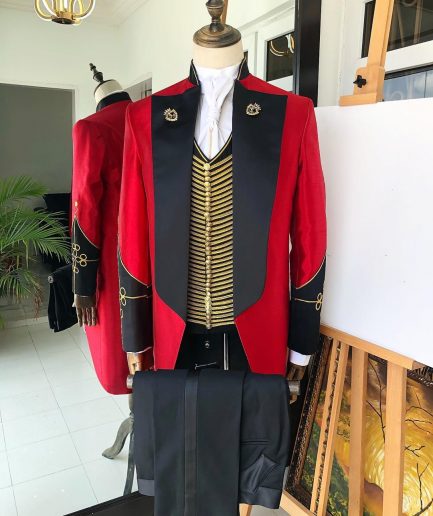 The “showman” Maroon trench silk costume suit.