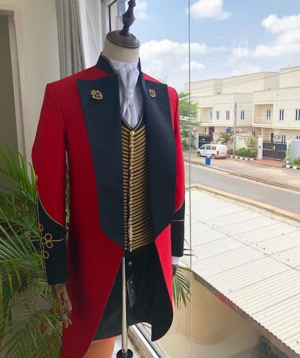The “showman” Maroon trench silk costume suit.