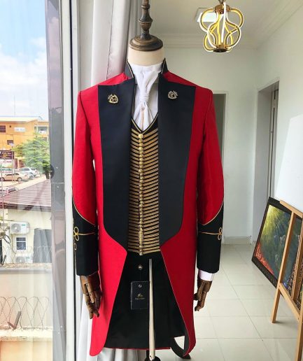 The “showman” Maroon trench silk costume suit.