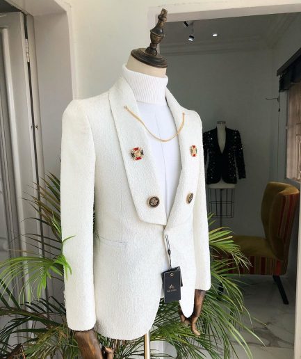 A White Jacquard Wedding reloaded “Lacasa De Papel” tuxedo Suit