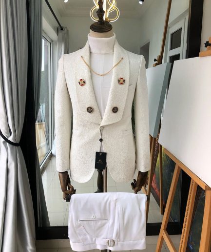 A White Jacquard Wedding reloaded “Lacasa De Papel” tuxedo Suit