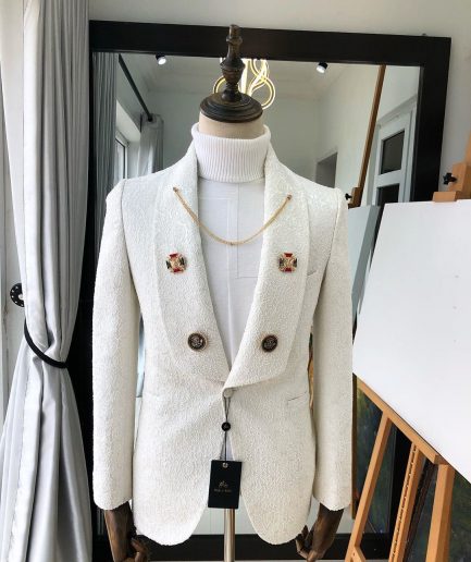 A White Jacquard Wedding reloaded “Lacasa De Papel” tuxedo Suit