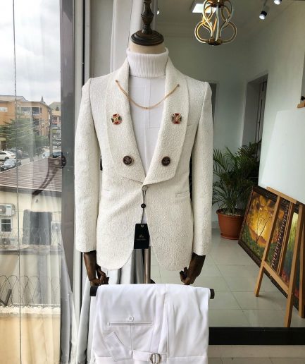A White Jacquard Wedding reloaded “Lacasa De Papel” tuxedo Suit
