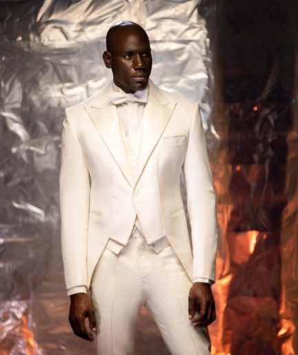 An Ivory White Peak lapel ''Short Front'' tuxedo suit