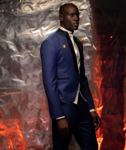 The “Jefferson” V-Shaped navy blue front Lapel, hand knitted Groom Tuxedo Suit