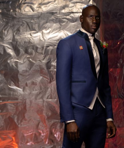 The “Jefferson” V-Shaped navy blue front Lapel, hand knitted Groom Tuxedo Suit