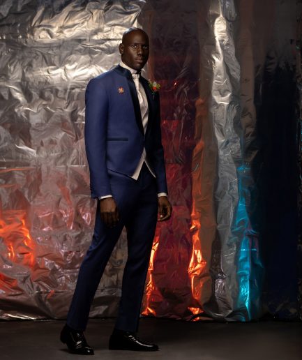 The “Jefferson” V-Shaped navy blue front Lapel, hand knitted Groom Tuxedo Suit