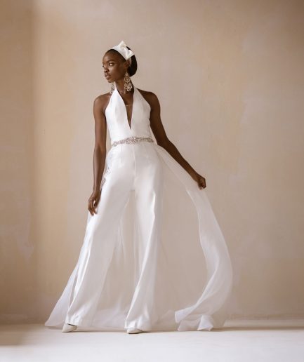 Alter Strap Ivory Mikado Satin bridal Jump Suit With Swarovsky embellished Waistline