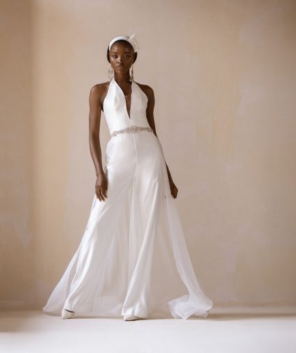 Alter Strap Ivory Mikado Satin bridal Jump Suit With Swarovsky embellished Waistline