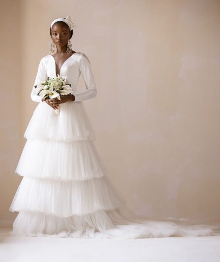 Mikado Satin Tiered Long Sleeve Tulle Bridal Dress/Gown