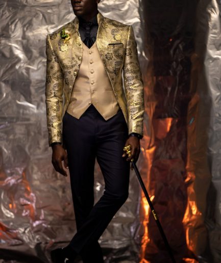 A Flora Champagne Gold Hand Knitted front open jacquard wedding tuxedo blazer suit