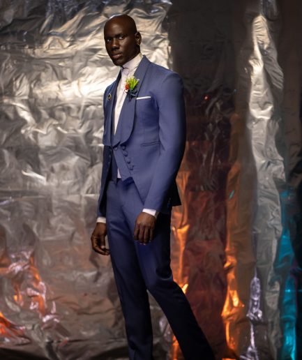 The “Lyttleton” two-pate intersected shawl lapel hand knitted Tuxedo blazer suit