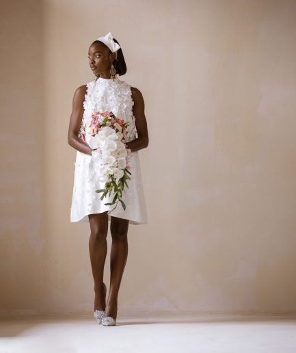 Ivory Short Bridal Dress With Swarovski Crystal and Petals Detailing