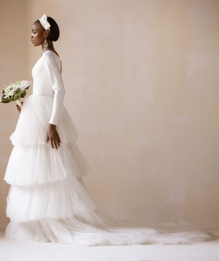 Mikado Satin Tiered Long Sleeve Tulle Bridal Dress/Gown