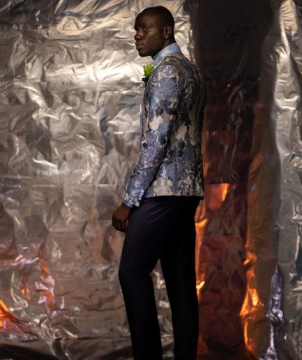 A “Macpherson” Floral Powder Blue and grey front closure Tuxedo Suit