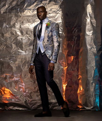 A “Macpherson” Floral Powder Blue and grey front closure Tuxedo Suit
