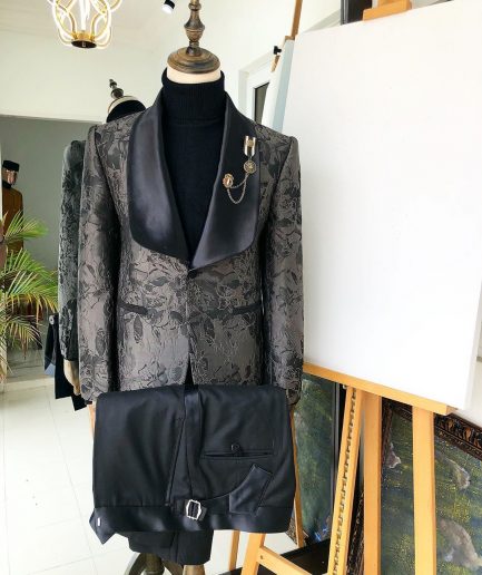 A dark grey and black “scattered waves” jacquard tuxedo suit