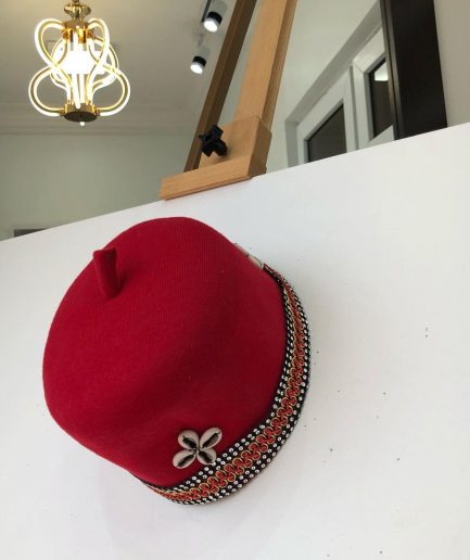 African IBO Red Traditional Hat With Gold Adornment