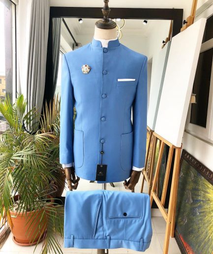 A Powdered Blue “clergyman” French safari Suit