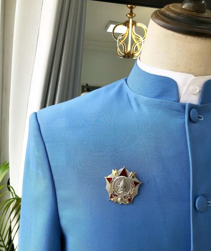 A Powdered Blue “clergyman” French safari Suit