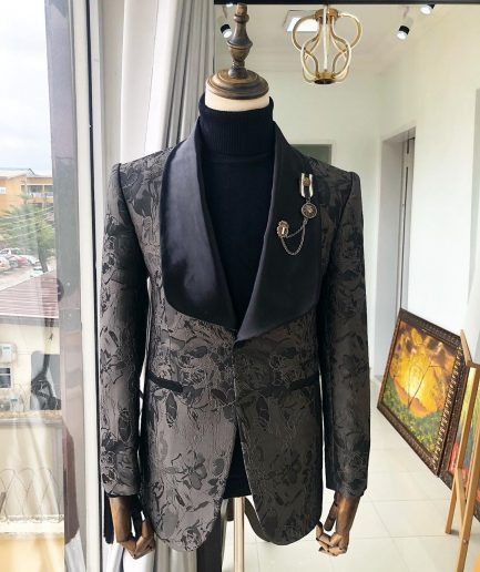 A dark grey and black “scattered waves” jacquard tuxedo suit