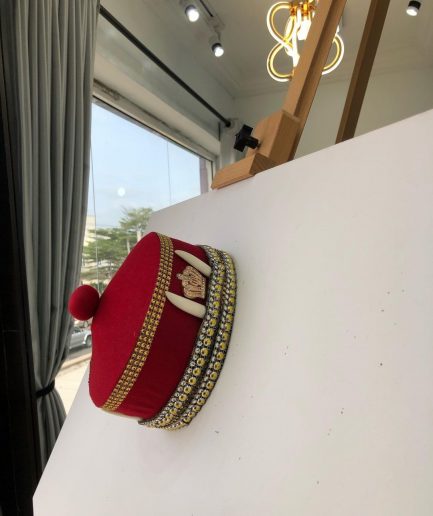 African IBO Red Royal Traditional Hat With Gold and Horn Adornment