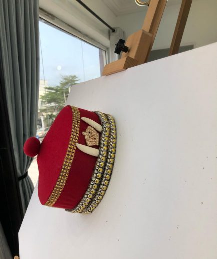 African IBO Red Royal Traditional Hat With Gold and Horn Adornment