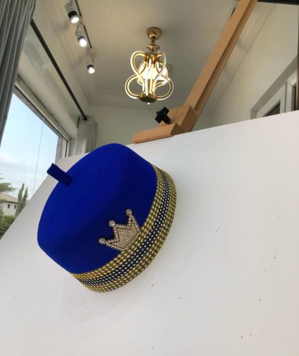 Royal Blue African Traditional Hat With Gold Adornment