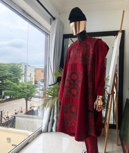 A burgundy metallic embroidery Agbada with black mixed jacquard, Swarovski burgundy stone detailing