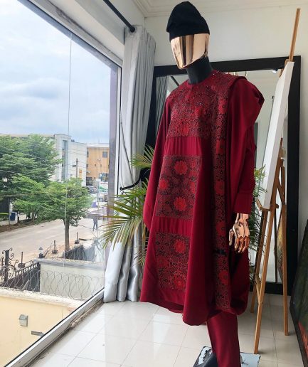 A burgundy metallic embroidery Agbada with black mixed jacquard, Swarovski burgundy stone detailing