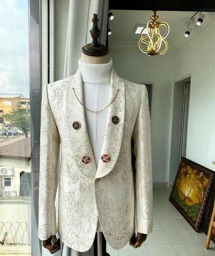 An Ivory Gold Patterned “From The Same Side” Shawl lapel Tuxedo Suit
