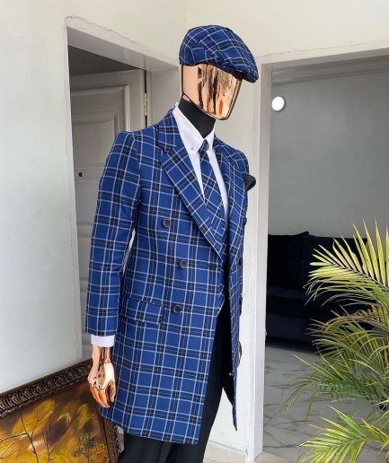 A  Navy Blue “Peaky Blinder” Double Breasted Check Trench Suit