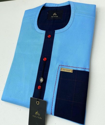 A Skye blue Herringbone fabric kaftan, midnight blue check stripe mix, and matching Swarovski button