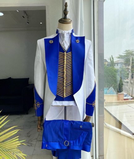 A Reloaded White And Blue silk "showman" trench Suit