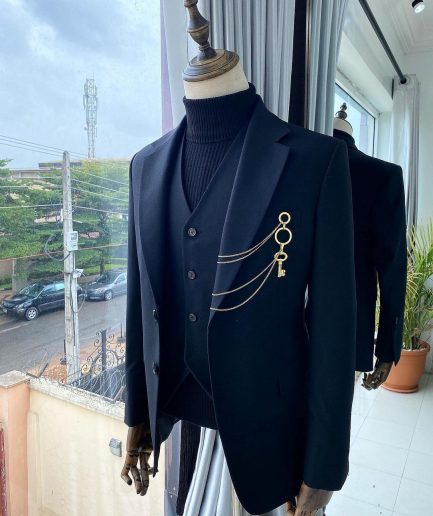 A Black Extra-fine jorgecarli Merino Sheep wool super 140’s Fabric, 3 piece notch lapel suit