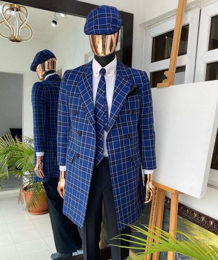 A  Navy Blue “Peaky Blinder” Double Breasted Check Trench Suit