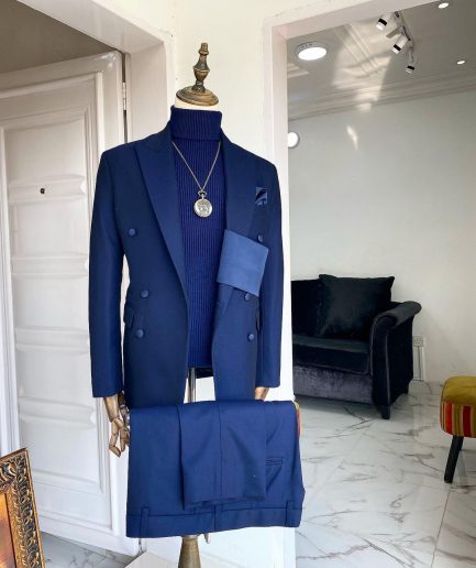 A Navy Blue Extra-fine jorgecarli Merino Sheep wool super 140’s Fabric “Oranmiyan” double breasted suit